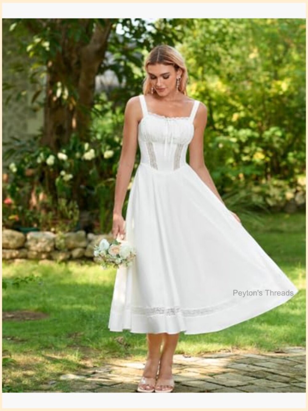Corset Midi Wedding Guest Dress with Lace A-Line Flowy Smocked Back - Picture 5 of 6